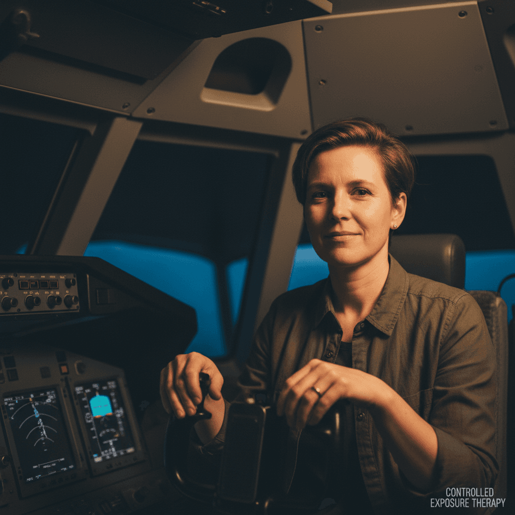 Client in flight simulator during therapy session