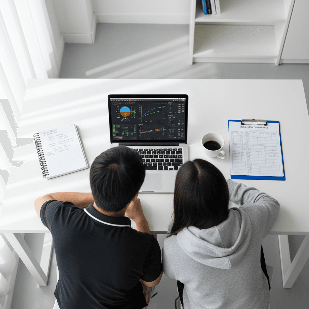 Instructor and student reviewing flight data and performance metrics on laptop during debrief session