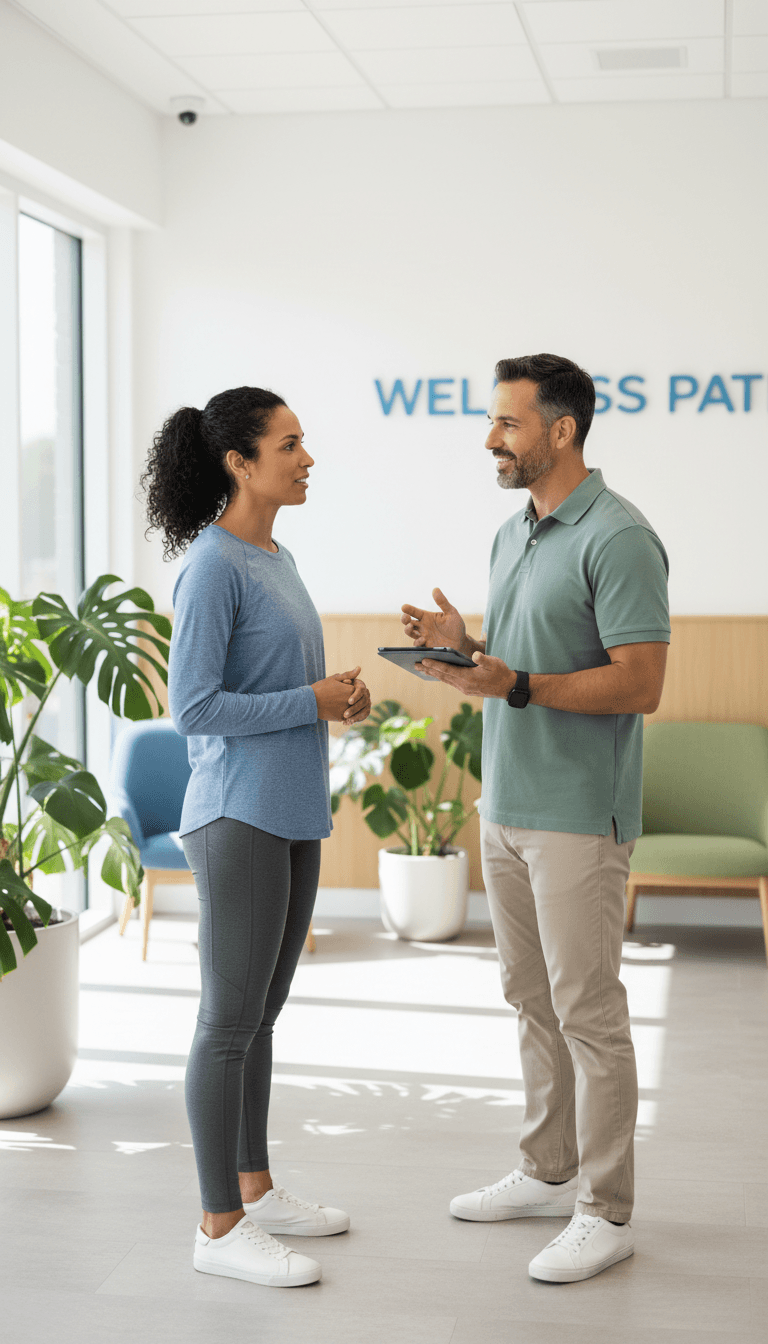 Patient engaged in wellness coaching conversation with healthcare provider in modern clinic environment